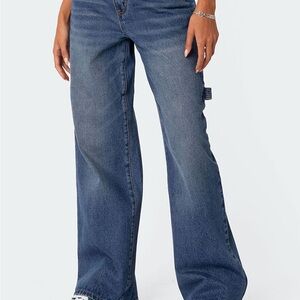 Edikted Women's Wide-Lega Blue Denim Jeans Button Zip Pockets